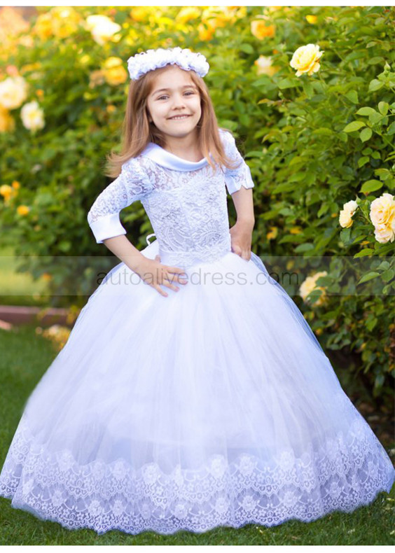 Roll Bateau Collar White Lace Tulle Vintage Flower Girl Dress